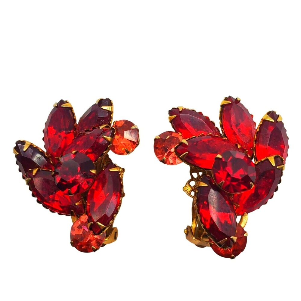 Celebrity Clip Onβ Earrings Red Pink Rhinestones Gold Tone Vintage 1960s Signed